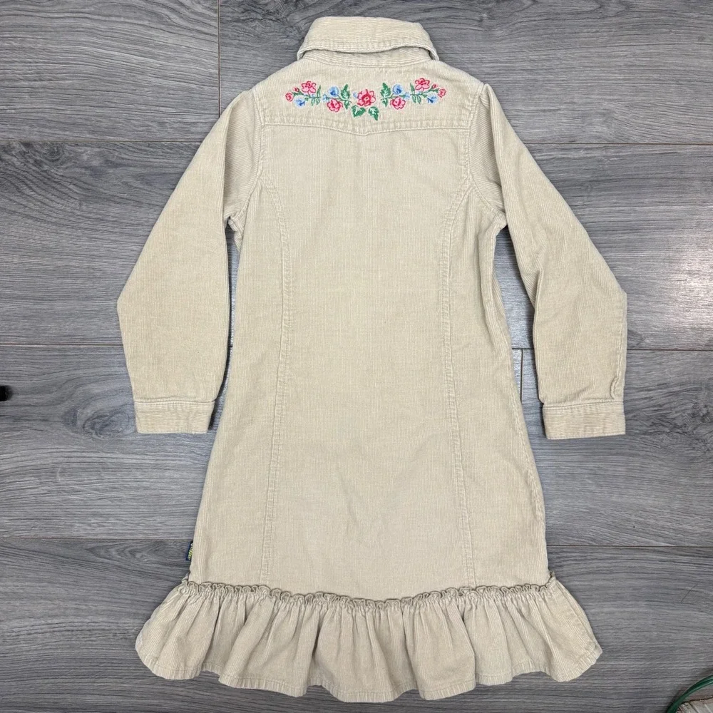 OshKosh Pearl Snap Floral Embroidered Beige Corduroy Dress Girls Size 4‎ Y2K
